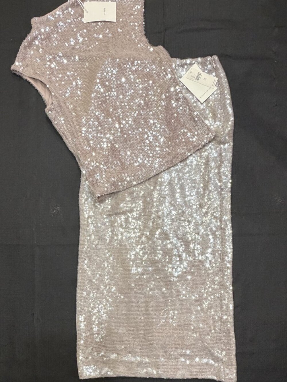 Anthropologie Elodie Mauve Sequin Top & Midi Skirt Set XS NWT